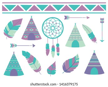 Feathers, dreamcatcher, arrows and tipi tent with bohemian ethno pattern, a cute cartoon style vector illustration collection for children designs