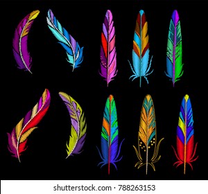 Feathers embroidery set. Vector illustration.