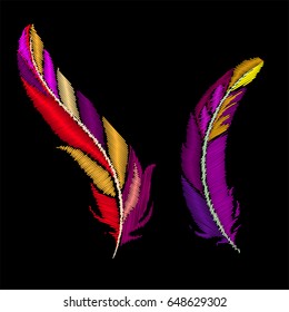 Feathers embroidery. Vector illustration.