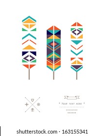 Feathers with ethnic pattern in vector isolated on a white background