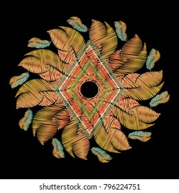 Feathers ethnic round colorful mandala pattern. Grunge tribal embroidery ornaments with tapestry feathers, rhombus, stripes, lines. Surface embroidered tribe design. Geometric elements. Decor design