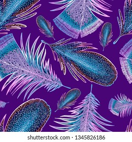 Feathers of an exotic bird. Seamless pattern. vector illustration. The tropical pattern of feathers. Exotic Wallpaper. Boho Style. Packaging or banner. Design for silk, fabric, wrapping paper. Printin