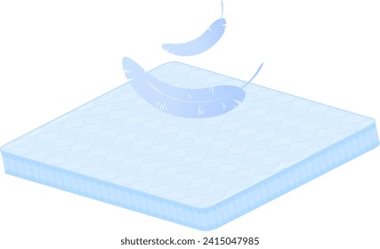Feathers falling onto a mattress, blue and white palette. Sleep comfort, soft bedding, lightness concept vector illustration.