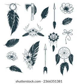 Feathers fantasia set in boho style. Dream catchers, arrows, flowers and feathers isolated on white background. Hand drawn vector illustration for print and tattoo.