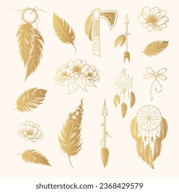 Feathers fantasia set in boho style. Golden  dream catchers, arrows, flowers and feathers isolated on white background. Hand drawn vector illustration for web design and print.