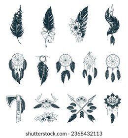 Feathers fantasia set in boho style. 14 ethnic design elements isolated on white background. Vector illustration for tattoo, print and t-shirts.