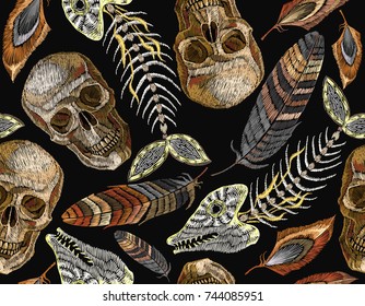 Feathers, Fish Bone And Indian Skull Embroidery Seamless Pattern. Beautiful Feathers Of Tropical Birds, Skeleton Of Fish And Human Skull Classic Embroidery Seamless Pattern 