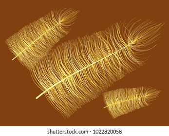 Feathers Floating. Beautiful Hand Drawn Beard Feathers. Yellow Feathers Isolated. Feathers for Wallpaper, Illustration, Carnival, Masquerade, Invitation, Textile. Decoration Element for Your Design.