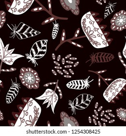 Feathers and flowers with ornaments of brown and light gray colors