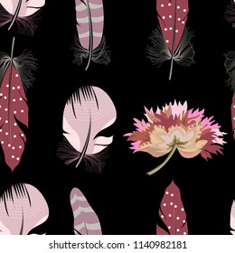 Feathers and flowers seamless pattern