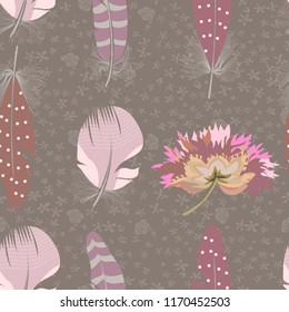 Feathers and flowers seamless pattern on a pale brown background