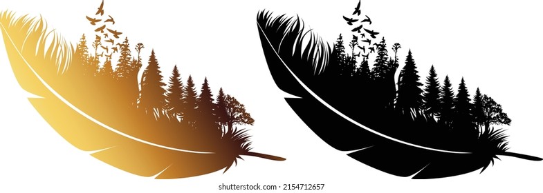 Pies con el logotipo de aves silvestres voladoras y silvestres, quill vectorial con el logotipo de oro forestal