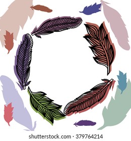 Feathers frame with colorfull print. Vector drawing