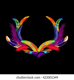 Feathers frame for greeting cards. Elegant colored frame with decorative feather.