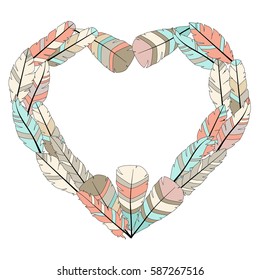 Feathers frame. Hand drawn boho print for wedding card, invitation, poster, wrapping, wallpaper, fabric