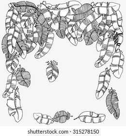 Feathers frame. Pattern for coloring book.  Ethnic, floral, retro, doodle, vector, tribal design element. Black and white  background. Vintage, artistically drawn, zentangle, stylized, feathers