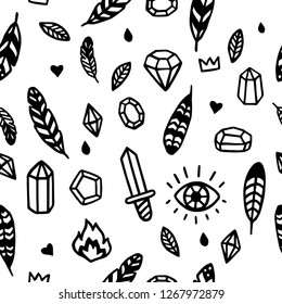 feathers and gems tattoo seamless pattern - Vector