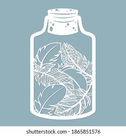 Feathers in a glass jar. Laser cutting. Vector illustration. Pattern for laser cutting, scrapbooking, plotter and screen printing.
