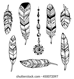 feathers hand drawn set boho illustration