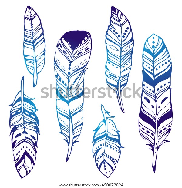 Feathers Hand Drawn Set Boho Illustration Stock Vector (Royalty Free ...