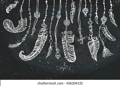 Feathers Hand drawn Vector Set.Rustic decorative elements.Vintage Ethnic  Tribal  Decorative zentangl decor. Hippie,Boho style.Black outline.Doodle pattern decoration.Blackboard illustration