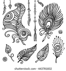 Feathers Hand drawn Vector Set.Rustic decorative elements.Vintage Ethnic  Tribal  Decorative zentangl decor. Hippie,Boho style.Black outline.Doodle pattern decoration.Isolated