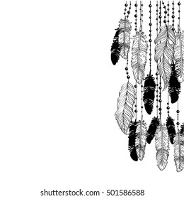 Feathers hanging down on threads decorated with beards. Vintage bohemian style. Line drawing isolated on white background. Adult coloring book, print, poster. Vector illustration.