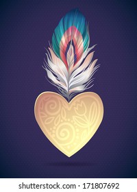 Feathers and heart. Vector vintage illustration card and polka dot pattern