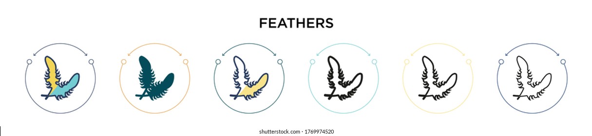 Feathers icon in filled, thin line, outline and stroke style. Vector illustration of two colored and black feathers vector icons designs can be used for mobile, ui, web