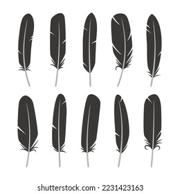 Feathers icon set in flat style. Black silhouettes of a bird feather collection. Vector isolated on white background. Illustration of black feather graphic bird