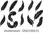 Feathers icon set, vector, isolated feathers silhouette