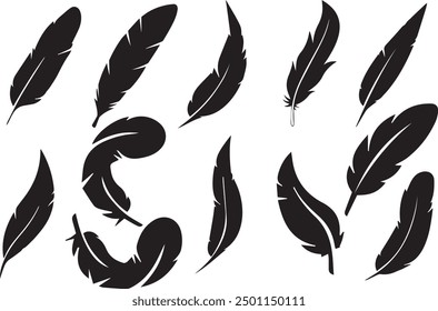 Feathers icon set, vector, isolated feathers silhouette