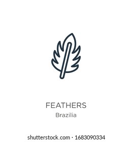  Icono de plumas. Icono de contorno de plumas lineales finas aislado en fondo blanco de la colección brasilera. Signo vectorial de línea, símbolo para web y móvil