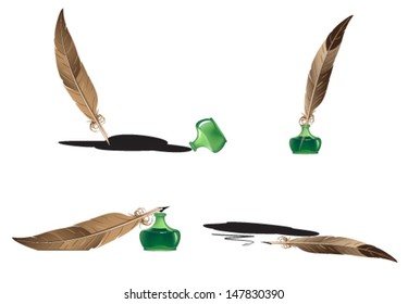 Feathers and inkwells on a white background in different positions