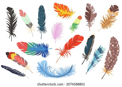 Feathers isolated elements set. Bundle of different types of colorful bright bird feathers from wings. Falling multicolored plumage signs. Creator kit for vector illustration in flat cartoon design