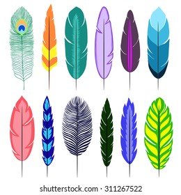 Feathers. Isolated icons on white background. Vector illustration.