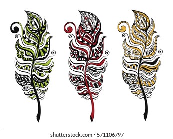 The feathers isolated on a white background. Set of feathers on a white background. Abstract feathers hand-drawn.