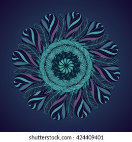 Feathers mandala. Circle isolated ornament. Ethnic sign.