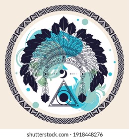 feathers native crown tribal style in circular frame vector illustration design