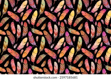 Feathers on black background. Seamless pattern