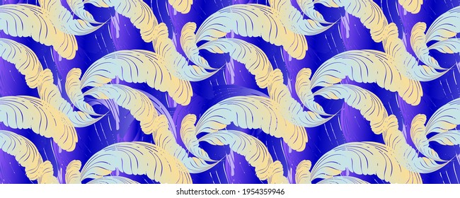 feathers on a blue background. bright mottled horizontal pattern. paisley. site header. chinese brocade.