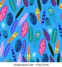 Feathers on blue background. Seamless pattern. Vector illustration.