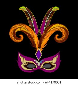 Feathers on the carnival mask embroidery. Vector illustration.