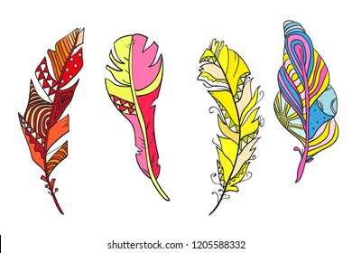 Feathers on isolated white. Design Zentangle. Hand drawn colored feathers with abstract patterns on isolation background. Design for spiritual relaxation for adults