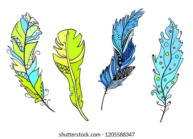 Feathers on isolated white. Design Zentangle. Hand drawn colored feathers with abstract patterns on isolation background. Design for spiritual relaxation for adults