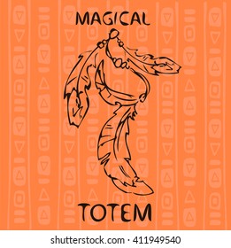 Feathers on an orange background with ethnic pattern. Vector illustration