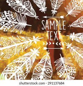 Feathers on raster background with woman in field.  The artwork extends outside the square clipping mask.   