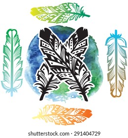 Feathers on raster watercolor background