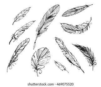 The feathers on a white background. Black and white illustration. Graphic image. Ethnic elements. It can be used as an idea for a tattoo.