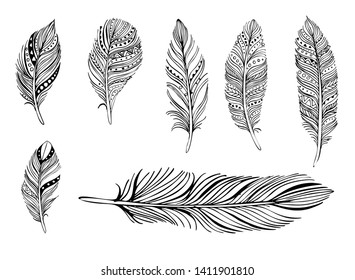 feathers on white background. Boho style. Isolated feathers on white background. Illustrations for cards, invitations, posters, fabrics, clothes.